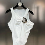 Round Neck Ruched Slim Tank Top with Brooch for Women