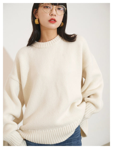 Cashmere Sweater Women European Round Neck Loose Knit Base Pullover Elegant Winter Fashion Top