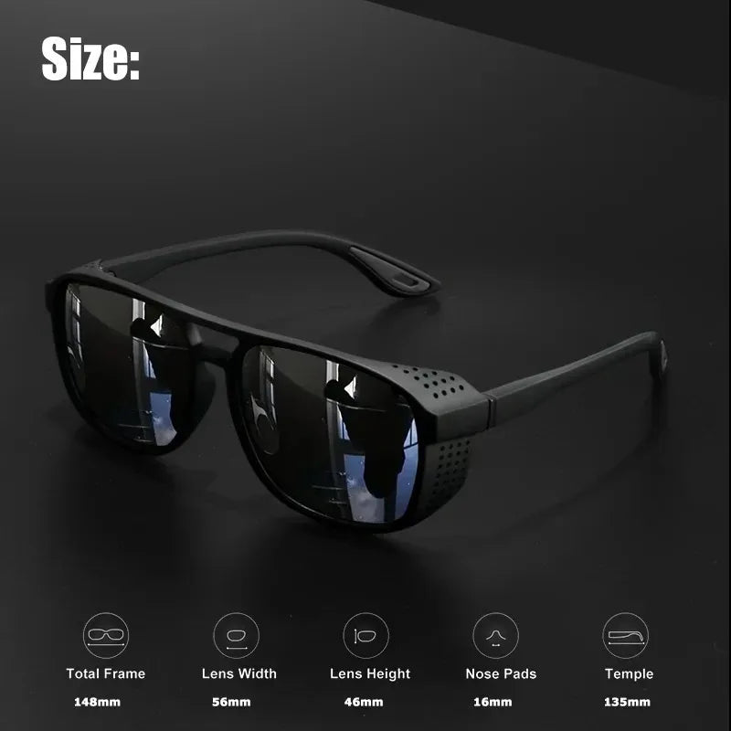 Black sunglasses with size specifications on a dark background