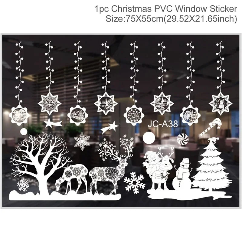 Christmas-themed PVC window sticker with reindeer, trees, and snowflakes on a dark background.