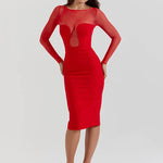 Elegant Strapless Sexy Midi Dress For Women Fashion Sheer Long Sleeve Backless Split Bodycon Club Party Sexy Long Dress