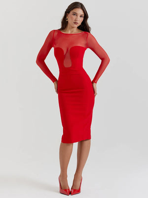 Elegant Strapless Sexy Midi Dress For Women Fashion Sheer Long Sleeve Backless Split Bodycon Club Party Sexy Long Dress