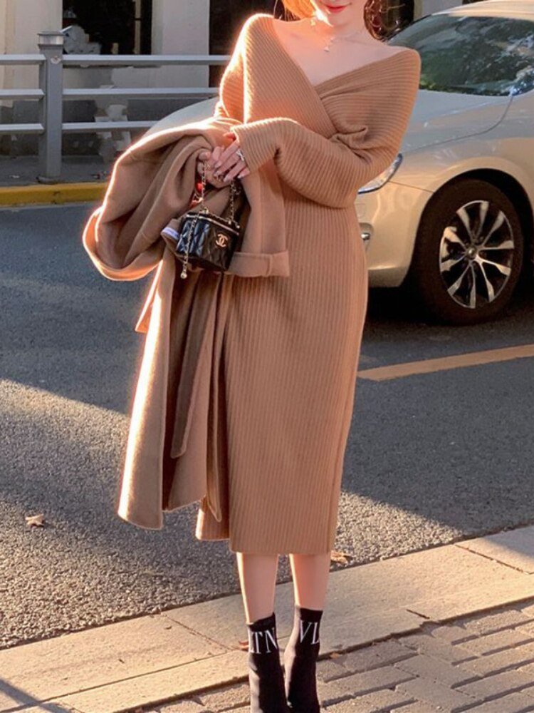 Knit Sweater Dress Women V-Neck Long Temperament Commuter Casual Elegant Fashion Dress