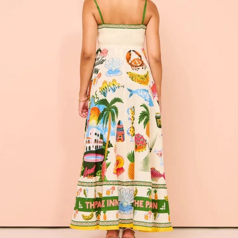Maxi Dress Women Spaghetti Strap Printed Backless Sleeveless Drawstring Elegant Holiday Casual Vacation