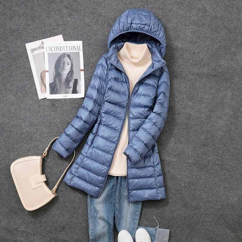 Women's Jacket Ultralight Thin Packable Long Down Jacket Puffer Slim Hooded Parka