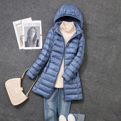Long Down Puffer Jacket Women Ultralight Thin Packable Slim Hooded Parka Winter Outerwear Fashion