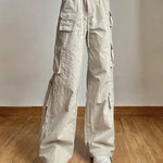 Low Waist Drawstring Pocket Patchwork Pants Women's Light Cargo Trousers with Wide Legs and Baggy Fit