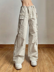 Low Waist Drawstring Pocket Patchwork Pants Women's Light Cargo Trousers with Wide Legs and Baggy Fit