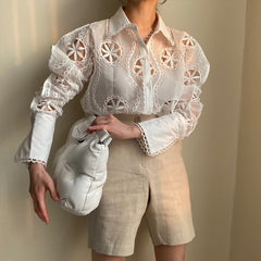 Women's Long Sleeve White Shirt Fall Spring Hollow Out Floral Embroidered Shirt Vintage Loose Tops