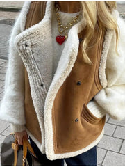 Long Sleeve Coat Faux Fur Lapel for Women With Zipper Pockets Thick Warm Jacket