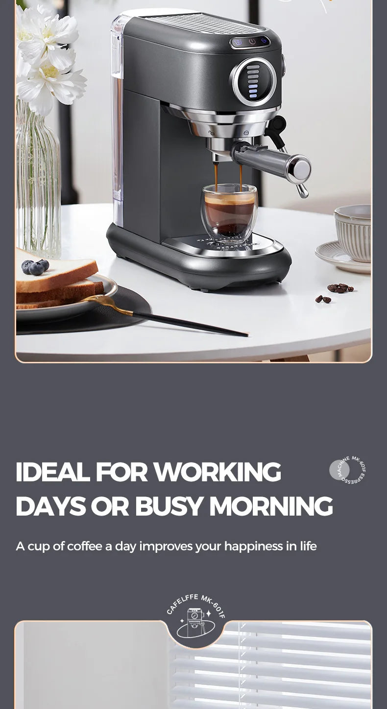 Espresso machine on a white surface with a cup of coffee, surrounded by decorative items.