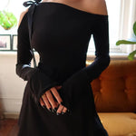 Sexy Strapless Long-sleeve Hollow Out Mini Dress For Women Bandage Slim Inclined Shoulder Dress Party Clubwear