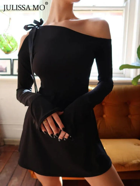 Mini Dress Women Strapless Long Sleeve Hollow Out Bandage Slim Inclined Shoulder Party Clubwear Dress