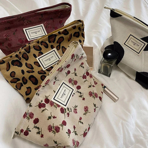 Cosmetic Bag Women Floral Embroidered Corduroy Canvas Makeup Organizer Travel Toiletry Beauty Case