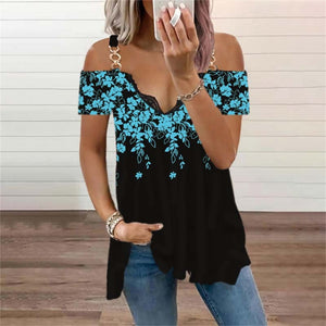 Women 's Floral Print Casual Summer T Shirt Short Sleeve Off-Shoulder Lace V-Neck Tops