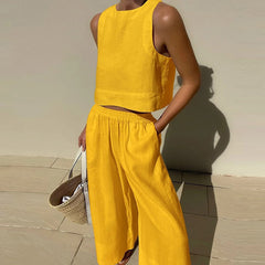 Lounge wear Set Shirt with Pants, 2 Piece Matching Set Cotton Blend Women's Sleeveless Tank Top and High Waist Pants Outfits