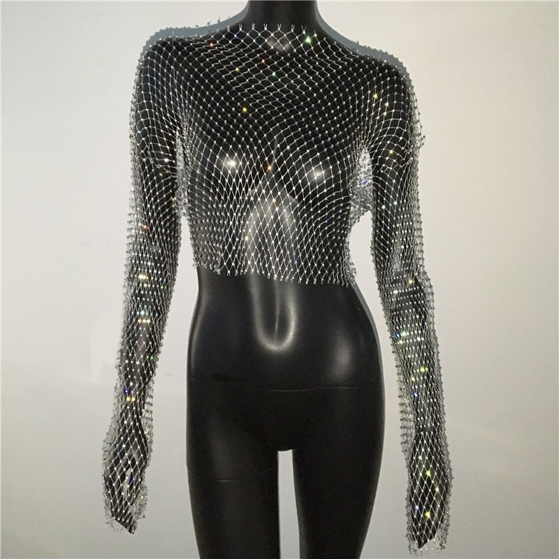 Rhinestone Fishnet Top Women Crystal Diamond Mesh Sparkling Sheer Long Sleeve Party Fashion