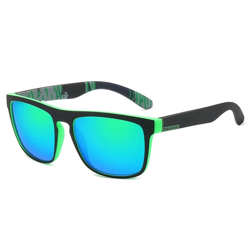 Sunglasses with green reflective lenses and black frames on a white background