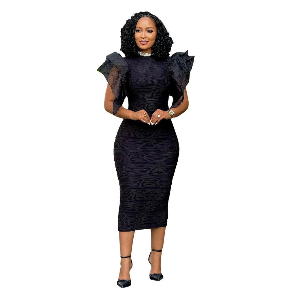 Elegant Hot Striped Bodycon Midi Dress with Sheer Ruffle Sleeves