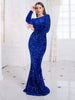 Royal Blue Long Sleeve Sequin Mermaid Dress Women Bodycon Floor Length Elegant Evening Party