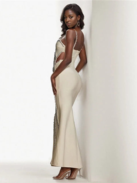 Evening Maxi Dress Women Beading Cut Out Diamond Beige Bandage Elegant Wedding Party Prom Long Dress