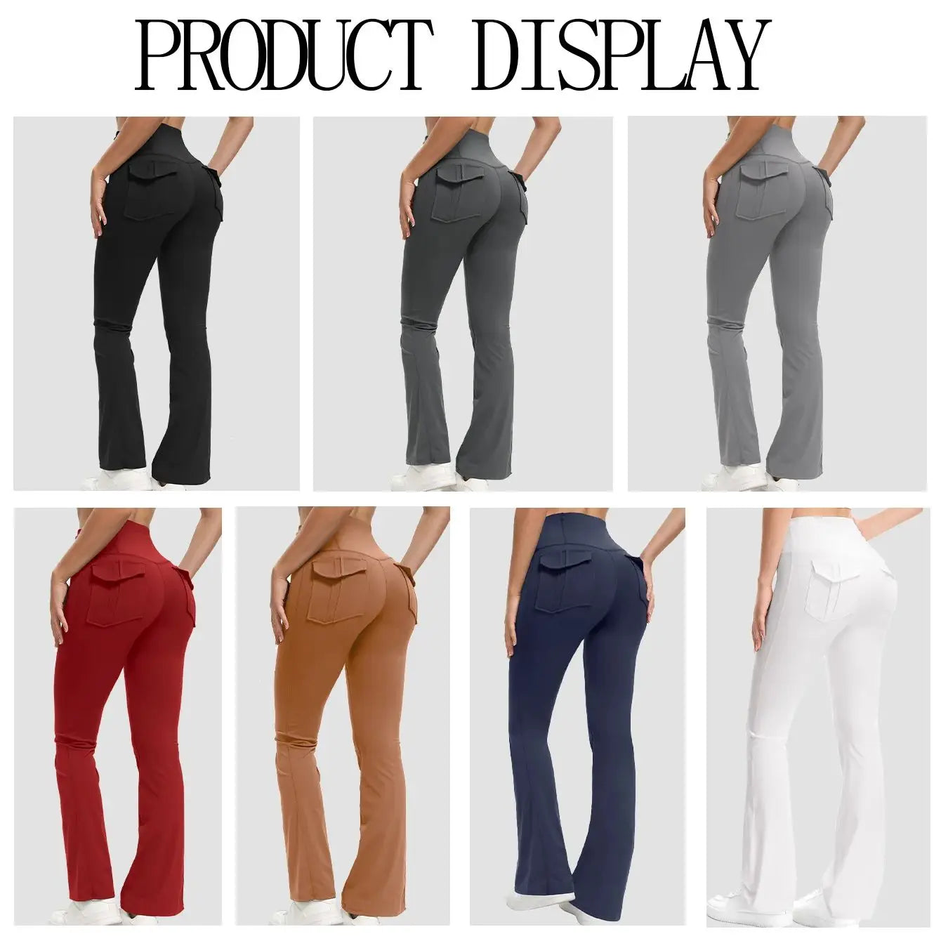 Collage of flared pants in various colors on a white background