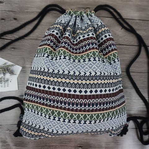 Boho Drawstring Backpack Women Fabric Hippie Chic Soft Brown Casual Travel School Fashion Bag
