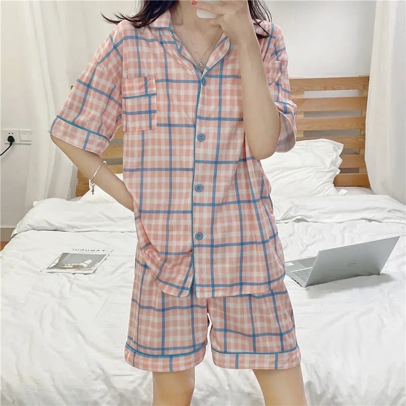 Plaid Pajama Set Women 2-Piece Shorts Top Summer Casual Loungewear Sleepwear Fashion