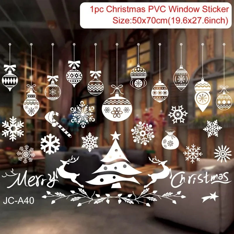 Christmas PVC window sticker with festive designs on a blurred indoor background
