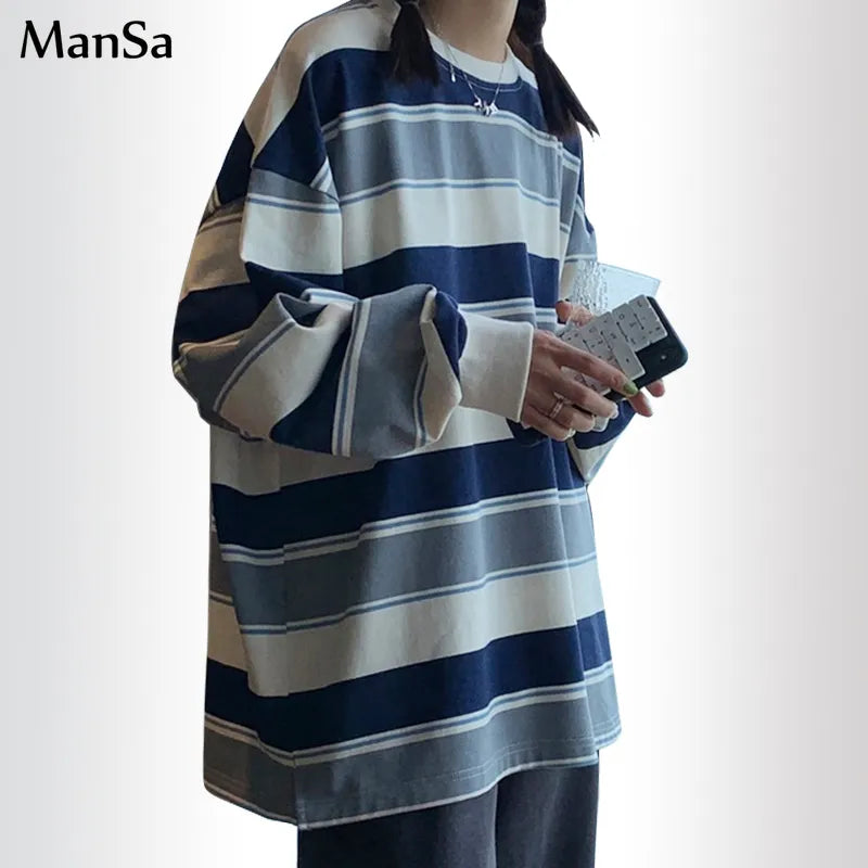 Oversized Sweatshirt Women's Loose Chic Striped Sweater Back to School Tops