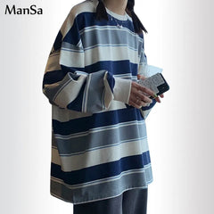 Oversized Sweatshirt Women's Loose Chic Striped Sweater Back to School Tops