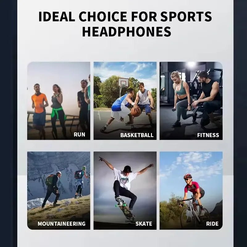 Promotional image for sports headphones with various activities depicted.
