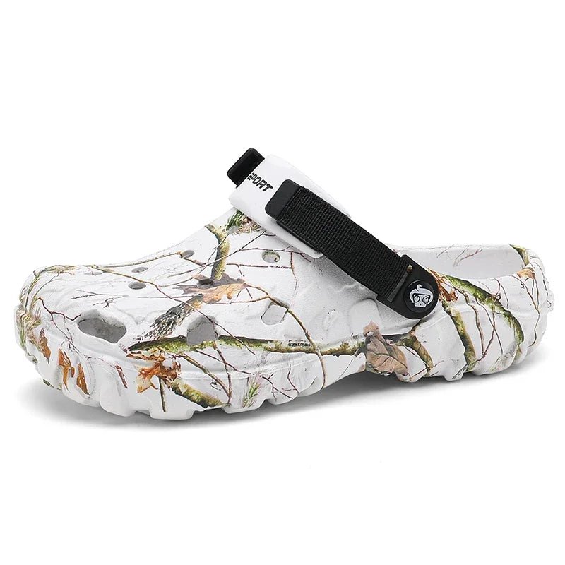 Clog shoe with camouflage pattern on a white background