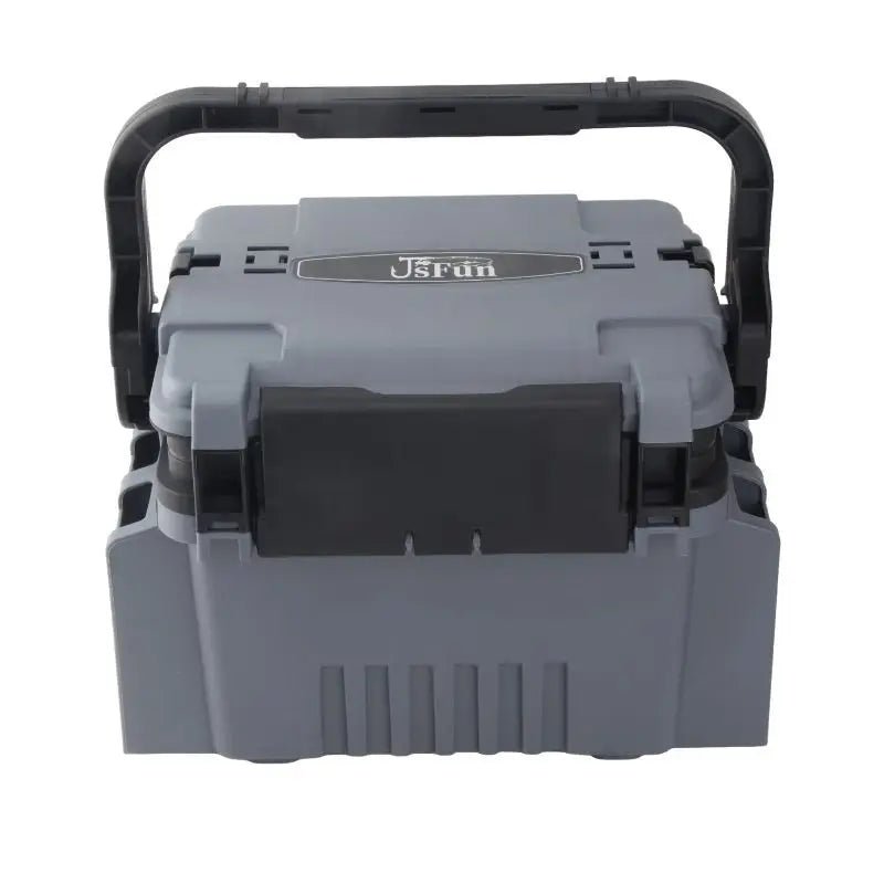 Gray toolbox with black handle on a white background