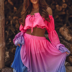 Chic Sexy Off Shoulder Ruffle Skirt Set Blouse & Long Skirt w/ Slit Vintage Colorful Print Two Piece Set Elegant Outfit