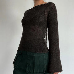 Vintage Flare Sleeve Knitted Backless Tie Up Back Sweater for Women Loose Y2K Aesthetic Pullover Sweater