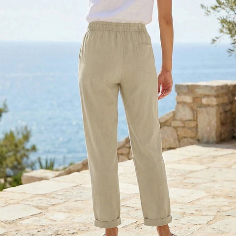 Cotton Linen Straight Leg Pants Women Elastic Waist Drawstring Casual Breathable Fashion