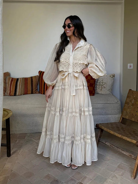 Boho Maxi Dress Women Lace Patchwork Puff Sleeve Long Beach Summer Vacation Bohemian Gown