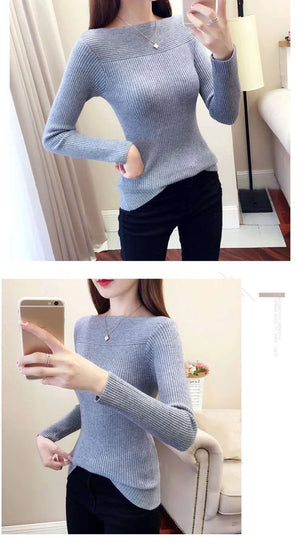 Ribbed Slash Neck Slim Sweater Knitted Long Sleeve Office Casual Solid Pullovers For Women