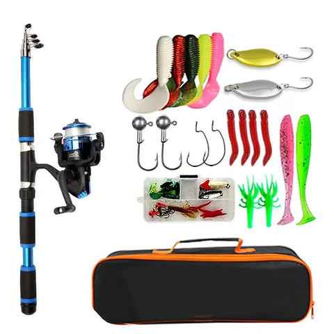 Fishing rod, reel, and various fishing lures and accessories on a white background