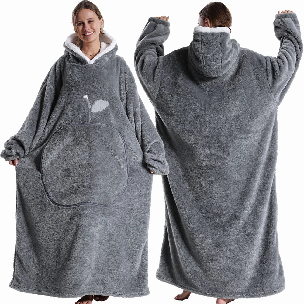 Gray hoodie blanket worn by a person, shown from front and back views.