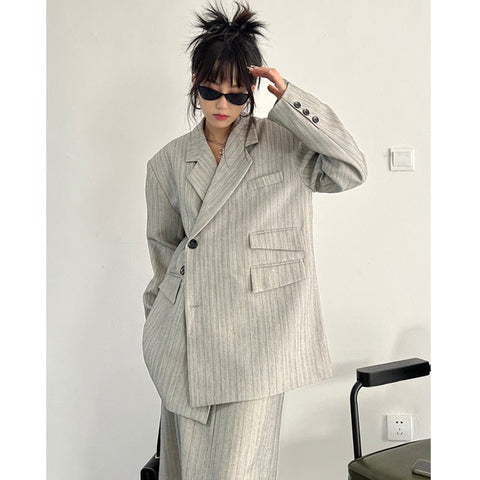 Striped Pant Suit Women 2-Piece Long Sleeve Oversized Business Blazer Casual Office Fashion