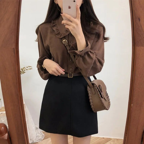 Blouse Women Vintage Preppy Flare Sleeve Peter Pan Collar White Button Girls Casual Fashion Top
