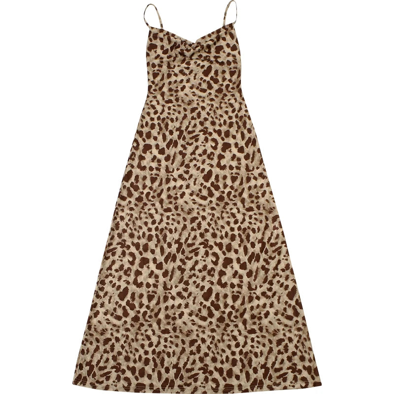 Leopard Print Satin Slip Dress – Sleeveless Cowl Neck Maxi Dress Spaghetti Strap Backless Ruffles Party Gown