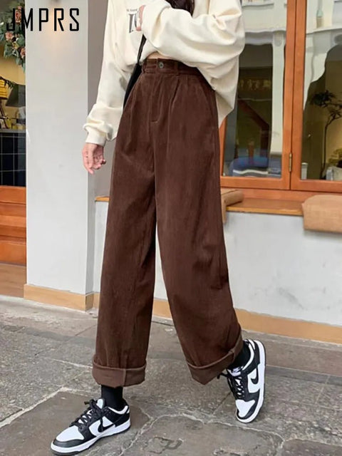 Corduroy Pants Women Vintage Straight Wide Leg High Waist Pockets Retro Casual Fashion Trousers