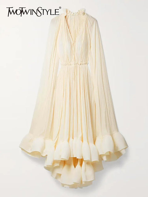 Maxi Dress Women V-Neck Cloak Sleeve High Waist Ruffle Irregular Hem Elegant Casual Summer Dress