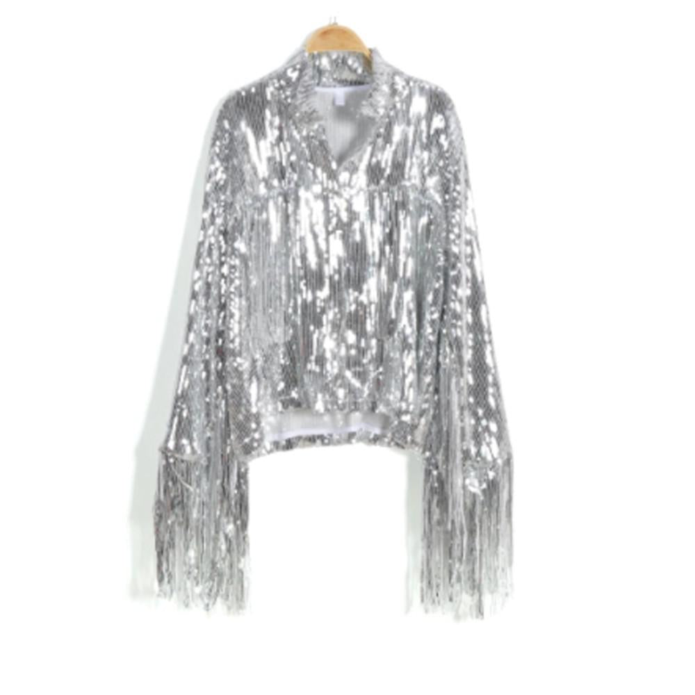 Retro Long-Sleeved Reflective Coat Sequin Glitter Tassels Women's Outerwear