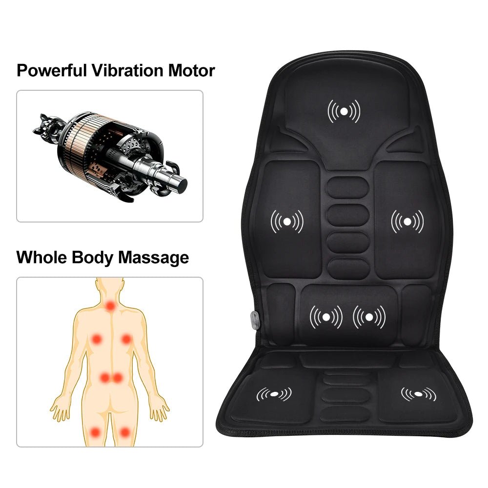 Black massage chair pad with vibration motor illustration and body massage diagram on a white background