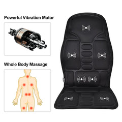 Black massage chair pad with vibration motor illustration and body massage diagram on a white background