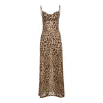 Leopard Print Satin Slip Dress – Sleeveless Cowl Neck Maxi Dress Spaghetti Strap Backless Ruffles Party Gown